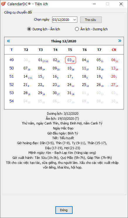 Công cụ tra cứu lịch âm dương trên trên calendardc